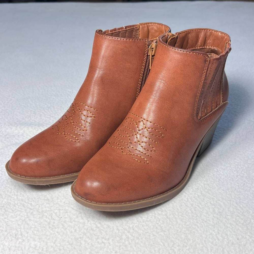 Frye and Co Jude Ankle Boots Womens 5.5 Brown Western Stitch Side Zip Block Heel